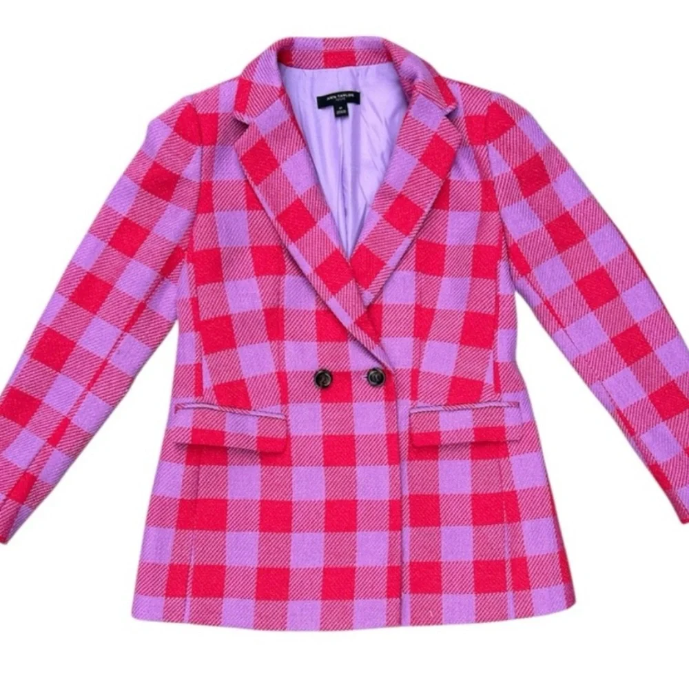 Ann Taylor Barbiecore Red and Lilac Plaid Blazer Size 0P - Picture 1 of 4